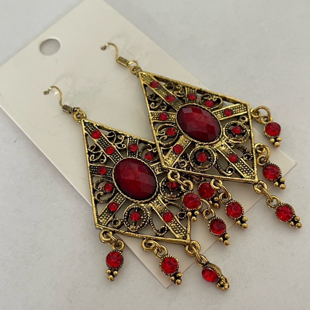 Gold and Red Dangle Statement Earrings NIP‎